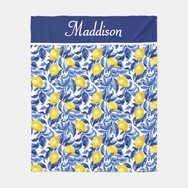 Manta Polar Blue French Country Lemon Pattern Monogram Name (Anverso)