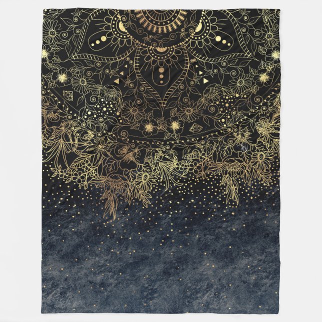 Manta Polar Blue Gold Mandala Floral (Anverso)