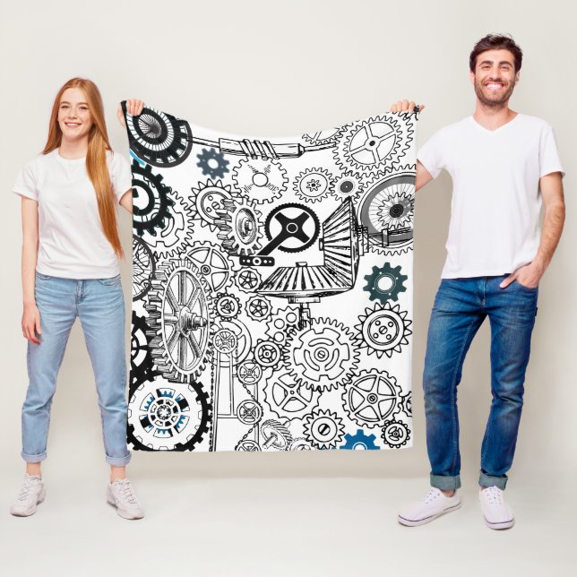 Manta Polar Blue Gray White Gears Steampunk Boys Decour Fleece (In situ)