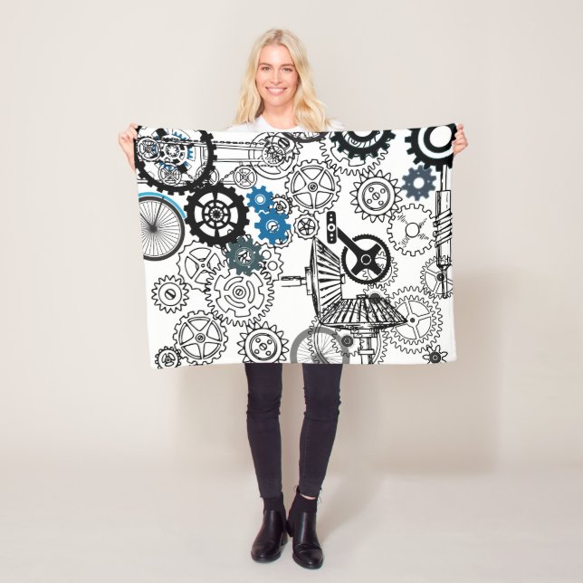 Manta Polar Blue Gray White Gears Steampunk Boys Decour Fleece (In situ)