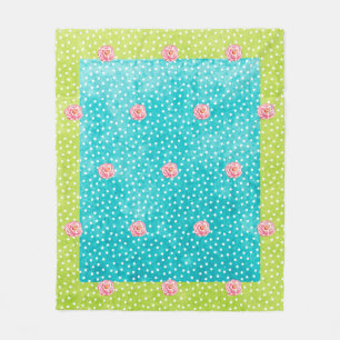 Manta Polar Blue Green Dots Pink Roses Fleece Blanket, Medium