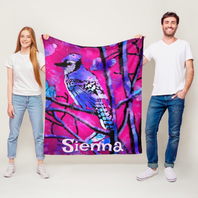 Manta Polar Blue Jay Bird Tree Branch Pink Personalized  (In situ)