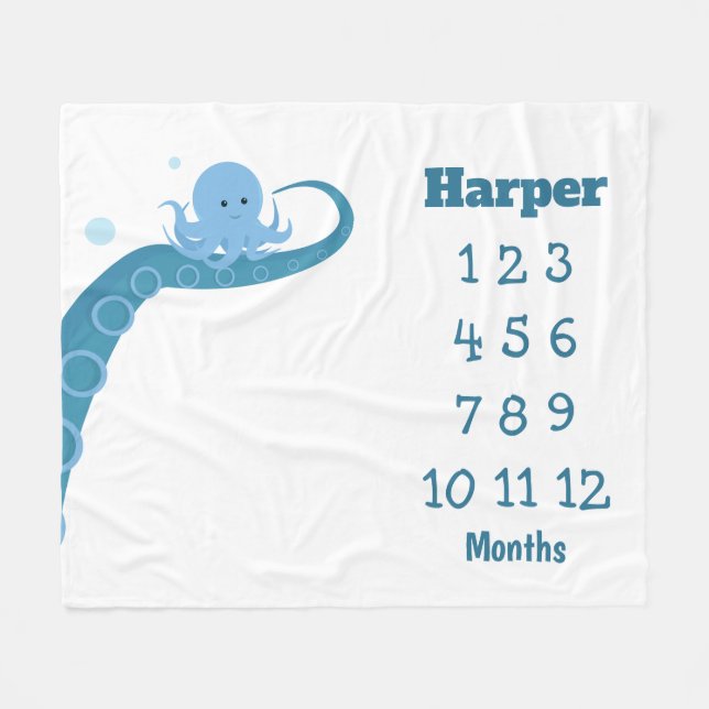 Manta Polar Blue Octopus Nombre Milestone Fleece Blanket (Frente (Horizontal))
