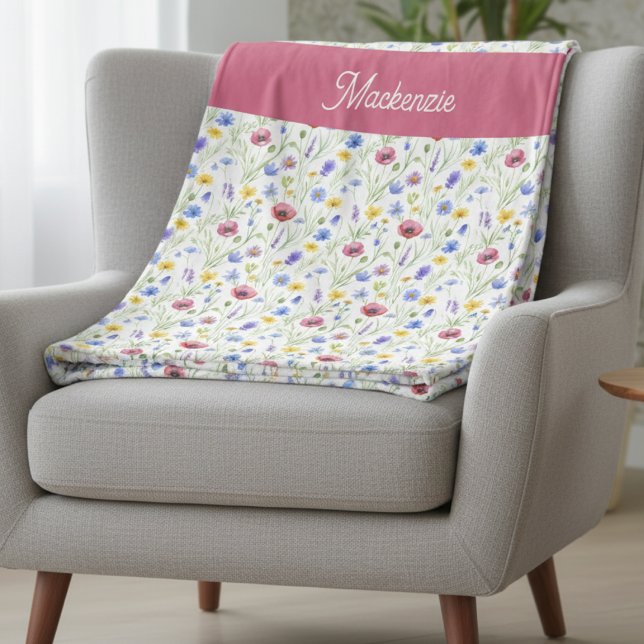 Manta Polar Blue Pink Wildflower Botanical Custom Name  (Subido por el creador)