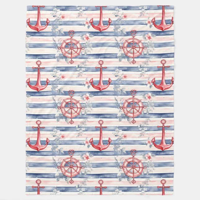 Manta Polar Blue Red Anchors Floral Stripes Beach  (Anverso)