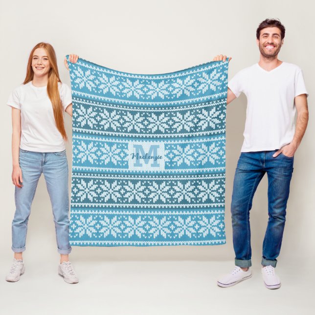 Manta Polar Blue Snowflake Faux Knit Sweater Monograma Nombre (In situ)