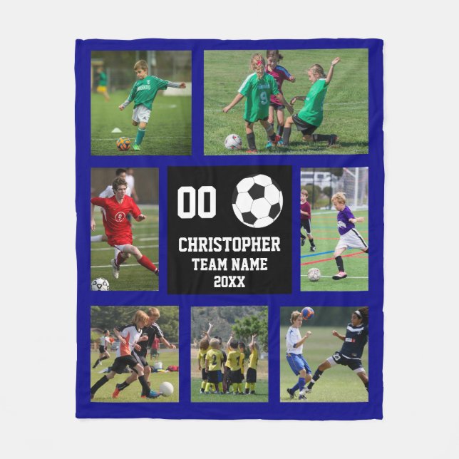 Manta Polar Blue Soccer photo collage fleece blanche (Anverso)