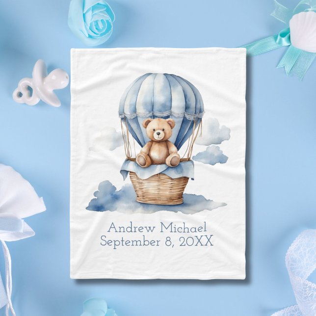 Manta Polar Blue Teddy Bear Balón de aire caliente Estaciones  (Blue Teddy Bear in Hot Air Balloon Baby Boys Baby Blanket. Monogram name, birthday, birth stats)