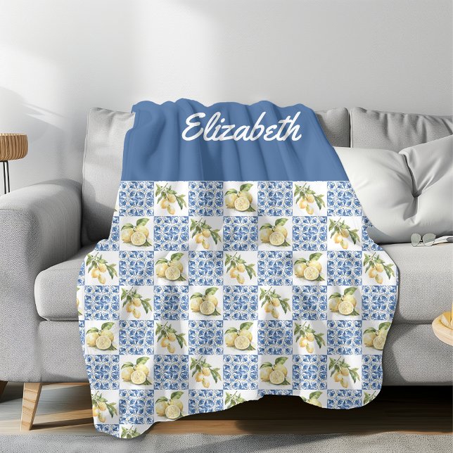 Manta Polar Blue Tile French Country Lemon Custom Name (Subido por el creador)