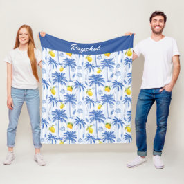 Manta Polar Blue Toile Palm Trees Lemons Monogram Name