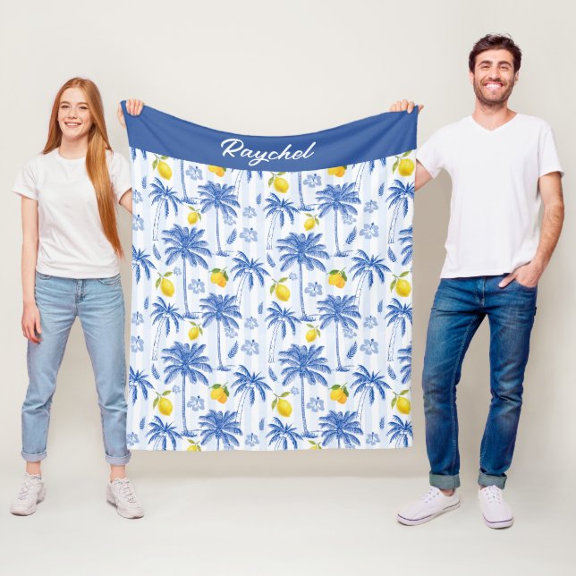 Manta Polar Blue Toile Palm Trees Lemons Monogram Name (In situ)