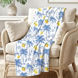 Manta Polar Blue Toile Palm Trees Lemons Pattern