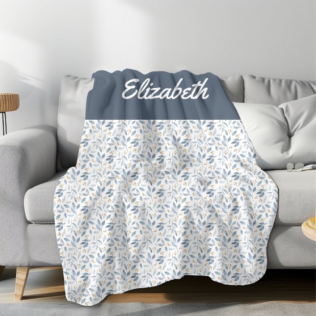 Manta Polar Blue Watercolor Botanical Pattern Custom Name (Subido por el creador)