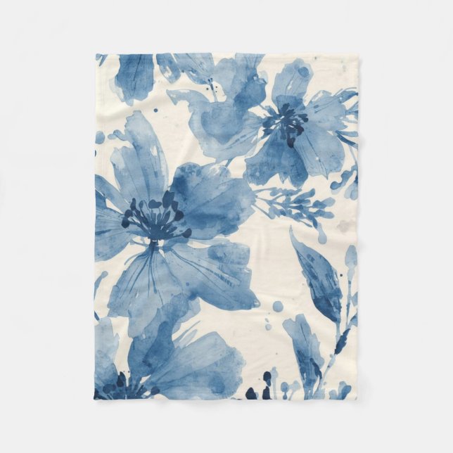 Manta Polar Blue Watercolor Floral Painted Botanical Whimsical (Anverso)