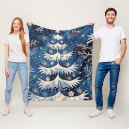 Manta Polar Blue White Christmas Tree Holiday Fleece Blanc