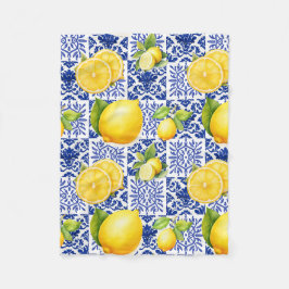 Manta Polar Blue White Lemon Tile Pattern Mediterranean Citrus