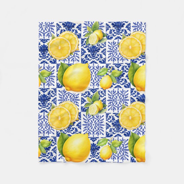 Manta Polar Blue White Lemon Tile Pattern Mediterranean Citrus (Anverso)