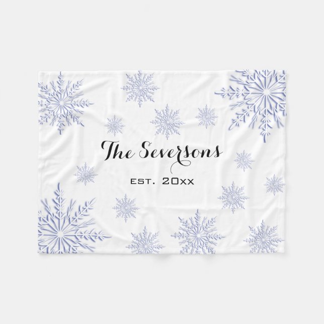 Manta Polar Blue Winter Snowflakes on White (Frente (Horizontal))
