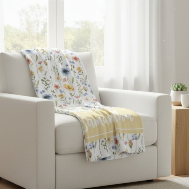 Manta Polar Blue Yellow Pink Watercolor Wildflower Name (Subido por el creador)