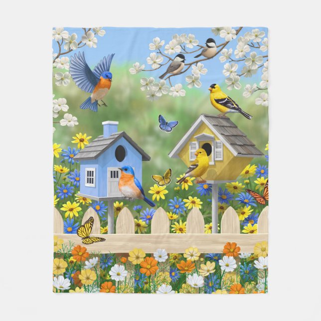 Manta Polar Bluebirds Goldfinches Birdhouses Flower Garden (Anverso)