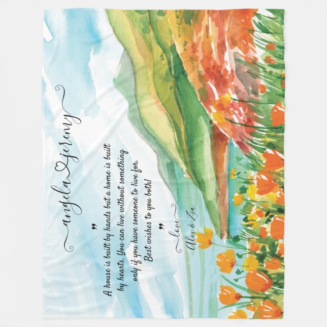 Manta Polar Boda con océano, cielos azules y flores (Anverso)