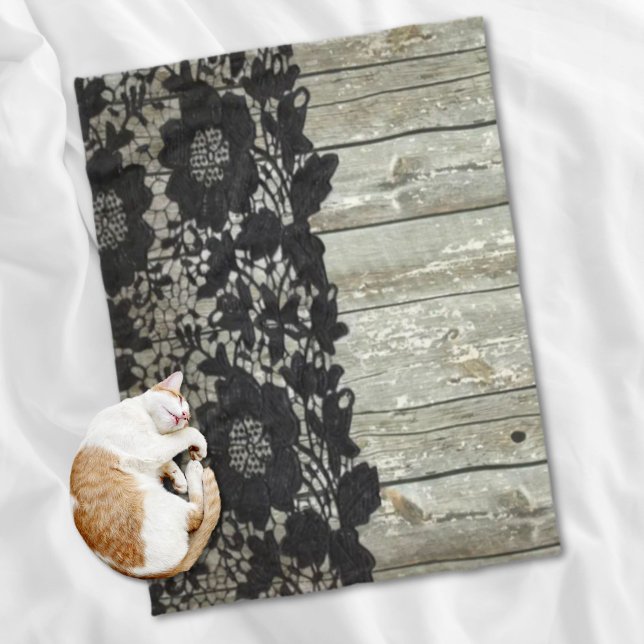Manta Polar bohemio de campo Lazo negro viejo granero rústico (country bohemian Black lace old rustic barn wood Fleece Blanket)