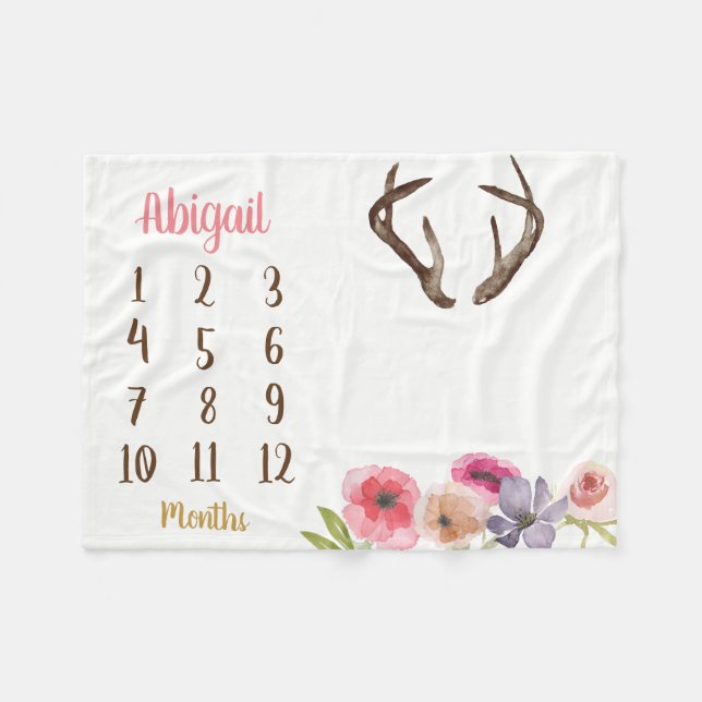 Manta Polar Boho Antler Baby Milestone Mensual Baby Blanket (Frente (Horizontal))