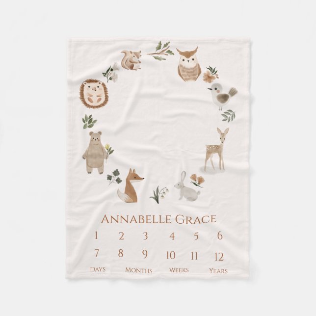 Manta Polar Boho Baby Milestone Woodland Animal Wreath (Anverso)