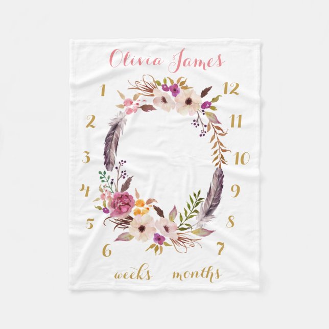 Manta Polar Boho Floral Baby Milestone Mensual Baby Blanket (Anverso)