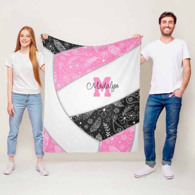 Manta Polar boho floral paisley plumas de voleibol negro rosa (In situ)
