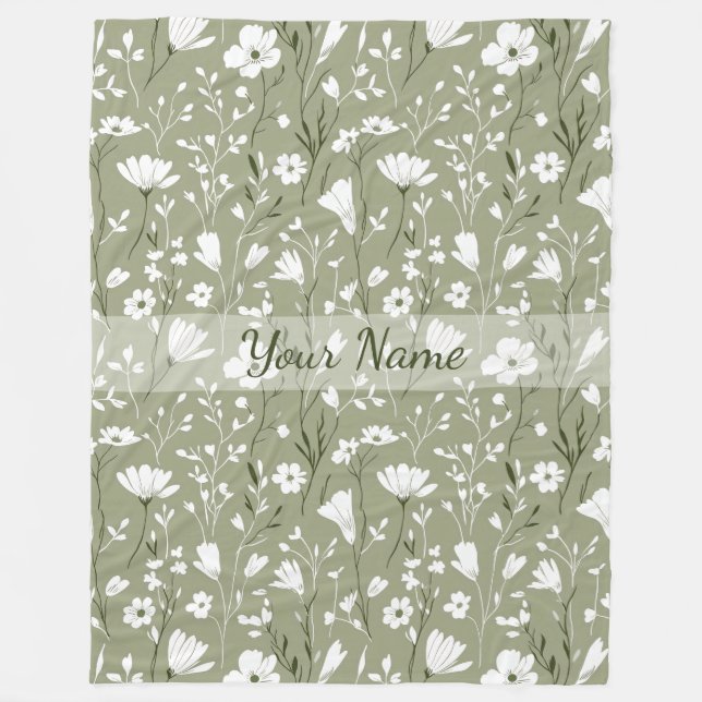 Manta Polar Boho Floral Wildflowers Sage Green Personalized  (Anverso)