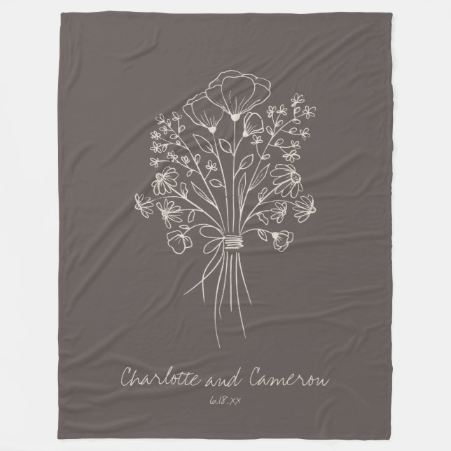 Manta Polar Boho Flower Line Art Drawing Personalized Brown (Anverso)