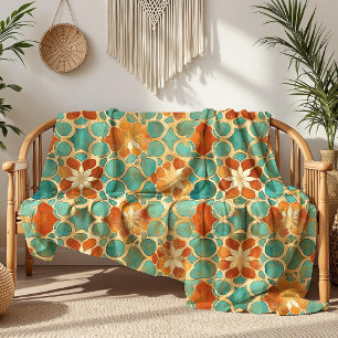 Manta Polar Boho Marroquí Turquesa y Terracotta Floral