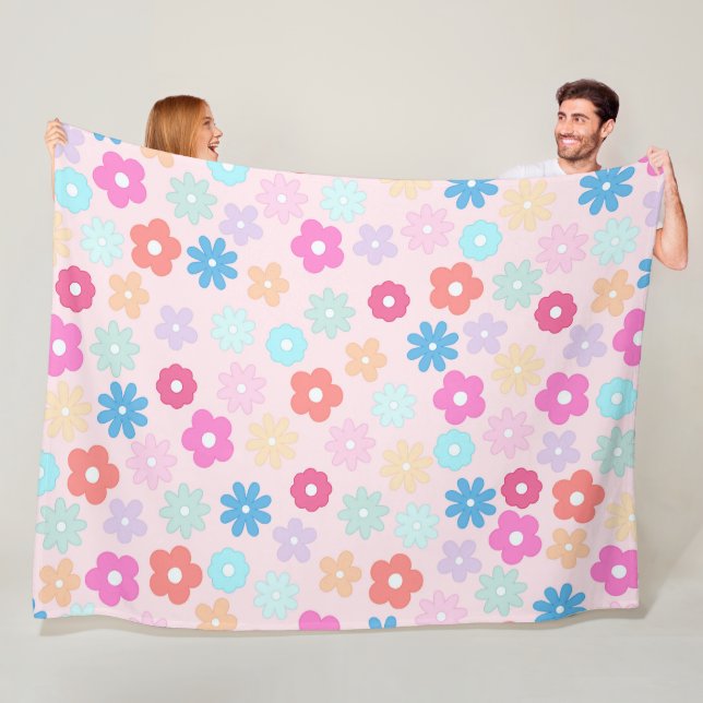 Manta Polar Boho Pink Daisy Flowers Pattern (In situ)