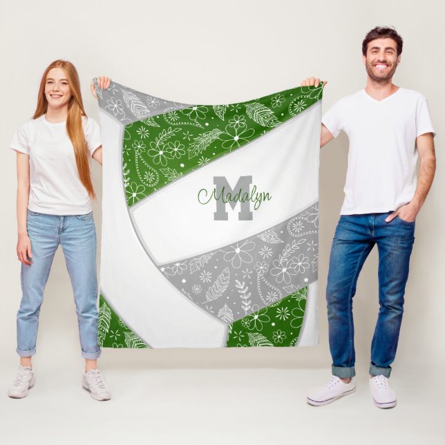 Manta Polar Boho plumas patrón voleibol gris verde (In situ)