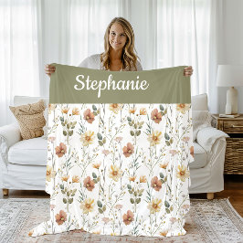 Manta Polar Boho Sage Green Watercolor Wildflower Monogram