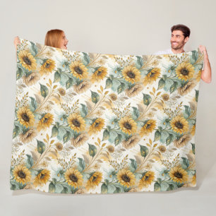 Manta Polar Boho Sunflowers Watercolor Gold