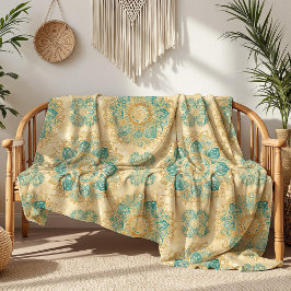 Manta Polar Boho Turquesa y Beige Arena Mandala