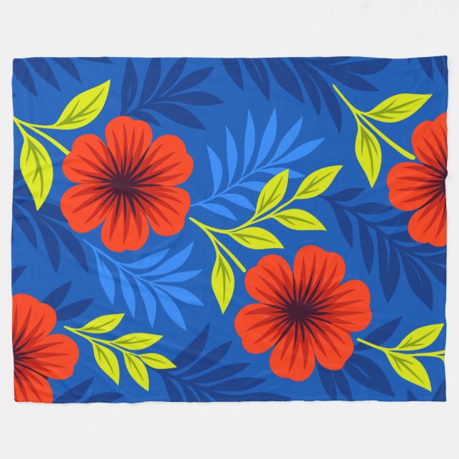 Manta Polar Bold Vermilion Red Florals with Elegant Leaves (Frente (Horizontal))