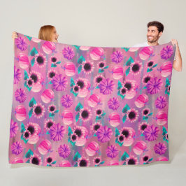 MANTA POLAR BOMBAS DE COLOR ROSA Y PURPLE Y FLORES DE AQUA