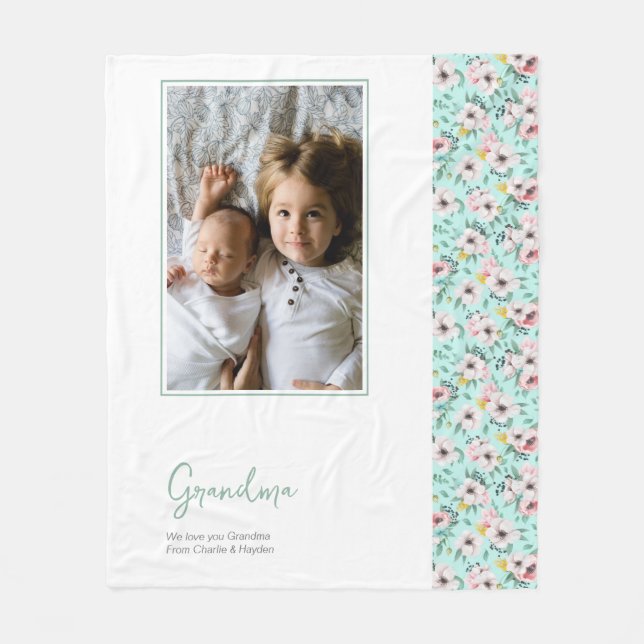 Manta Polar Bonito de la abuela flor verde rosa personalizada (Anverso)
