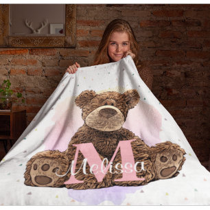 Manta Polar Bonito Monograma Niños Nombre Oso Teddy Rosa