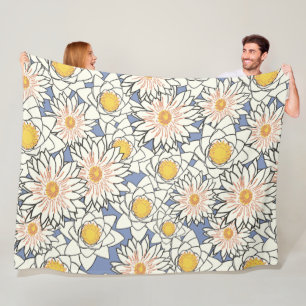 Manta Polar Bonito patrón de arte retro floral Blanco azul