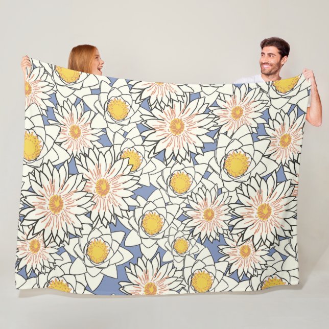 Manta Polar Bonito patrón de arte retro floral Blanco azul (In situ)