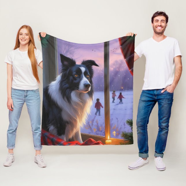 Manta Polar Border Collie Con Luces de Navidad Fiesta (In situ)