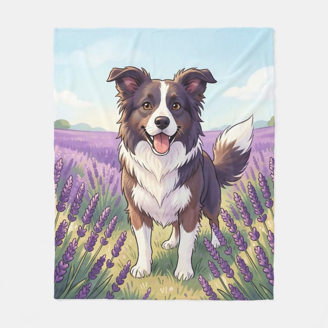 Manta Polar Border Collie Feliz Campo de Lavanda (Anverso)