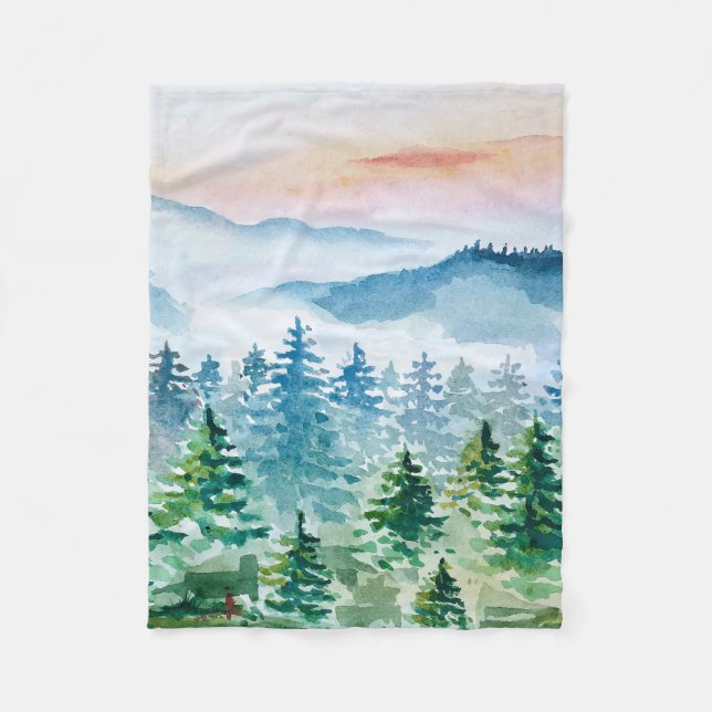 Manta Polar Bosque acuarela y montañas (Anverso)
