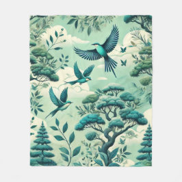 Manta Polar Bosque Verde azulado verde y patrón de aves