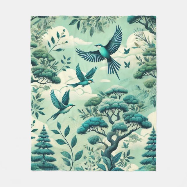 Manta Polar Bosque Verde azulado verde y patrón de aves (Anverso)