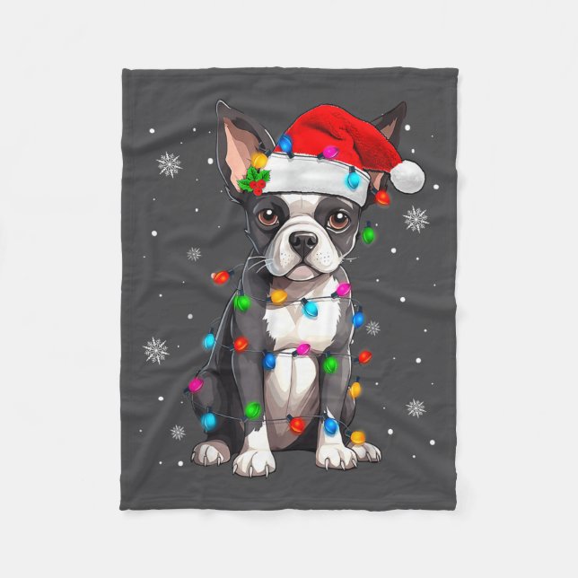 Manta Polar Boston Terrier Christmas Santa Hat  (Anverso)